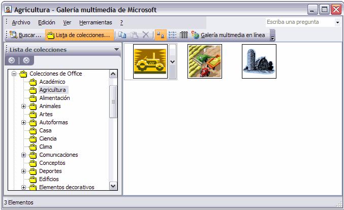 Los clips están organizados en colecciones temáticas. En este cuadro tenemos disponibles las diferentes colecciones de la galería de Microsoft.