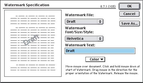 [Ninguna] (sin marcas de agua), [Primera] o [Todas]. 4. Elija el tipo de datos de marca de agua que desee utilizar (3): un archivo PICT, un archivo EPS o texto normal. 5.