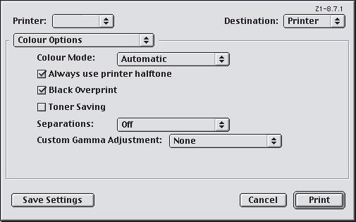 MAC OS 9 1. Elija [Archivo] [Imprimir]. 1 2 3 2. En el menú [Impresora] (1), seleccione el modelo de su impresora. 3. Seleccione [Opciones de color] (2). 4.