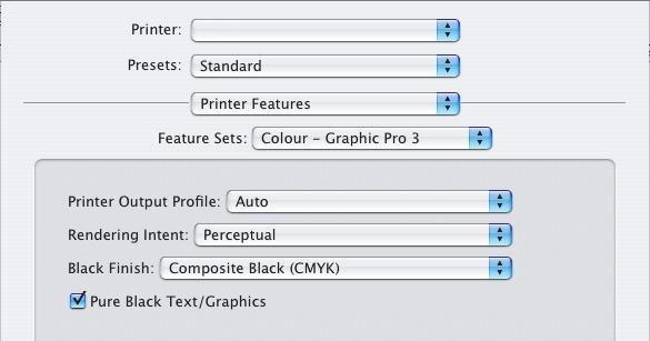 En el menú [Conjuntos de funciones] (3), seleccione [Color Color para documentos]. 5. En el menú [Acabado negro] (4), elija el ajuste deseado. MAC OS X (COLOR PARA GRÁFICOS) 1.