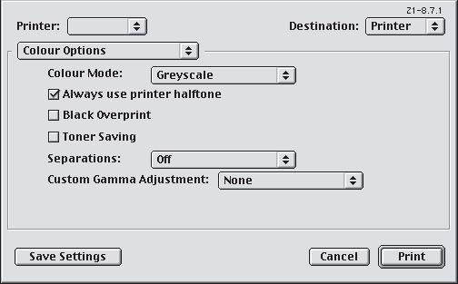 MAC OS 9 1. En el programa de aplicación, elija [Archivo] [Imprimir]. 1 2 3 4 2. En el menú [Impresora] (1), seleccione su impresora. 3. En el menú siguiente (2), seleccione [Opciones de color]. 4. En el menú [Modo de color] (3), seleccione [Escala de grises].