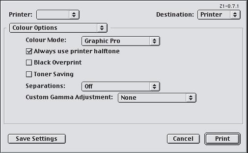 MAC OS 9 1. Elija [Archivo] [Imprimir]. 2. En el menú [Impresora] (1), seleccione el modelo de su impresora. 3. Seleccione [Opciones de color] (2). 4.