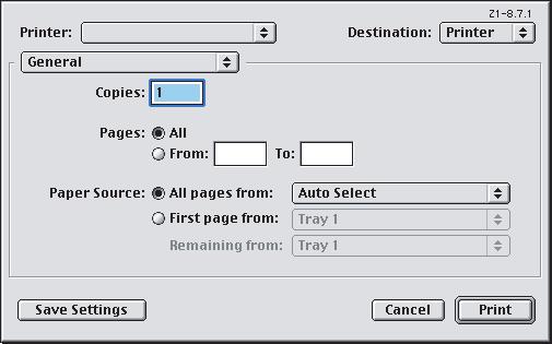 MAC OS9.X 1. Elija [Archivo] [Imprimir]. 1 2 3 2. En el menú [Impresora] (1), seleccione el modelo de su impresora. 3. Seleccione [General] (2).