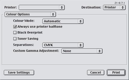 MAC OS9 1. Elija [Archivo] [Imprimir]. 1 2 3 2. En el menú [Impresora] (1), seleccione el modelo de su impresora. 3. Seleccione [Opciones de color] (2).
