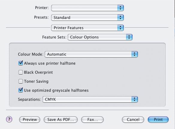 MAC OS X 1. Elija [Archivo] [Imprimir]. 1 2 3 4 2. En el menú [Impresora] (1), seleccione el modelo de su impresora. 3. Seleccione [Funciones de la impresora] (2). 4. En el menú [Conjuntos de funciones] (3), seleccione [Opciones de color].