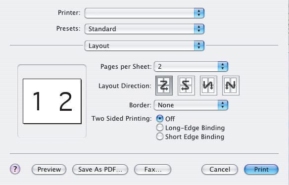 MAC OS X 1. En el programa de aplicación, elija [Archivo] [Imprimir]. 1 2 3 4 5 2. En el menú [Impresora] (1), seleccione el modelo de su impresora. 3. Seleccione [Diseño] (2). 4. En el menú [Páginas por hoja] (3), seleccione el número de páginas que desee imprimir en una hoja de papel.