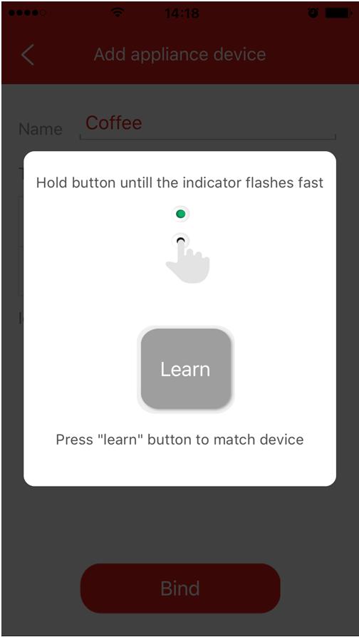 3. En el lateral del interruptor inteligente RF, mantenga pulsado durante 5 segundos el botón Learn. 4.