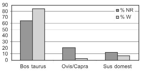 LA CABAÑA GANADERA DEL YACIMIENTO DE LA RENKE (ALAVA, PAIS VASCO) 77 Fig. 1. Número de restos (NR) y peso de los mismos (W) de las especies domésticas del nivel Neolítico (en porcentajes).