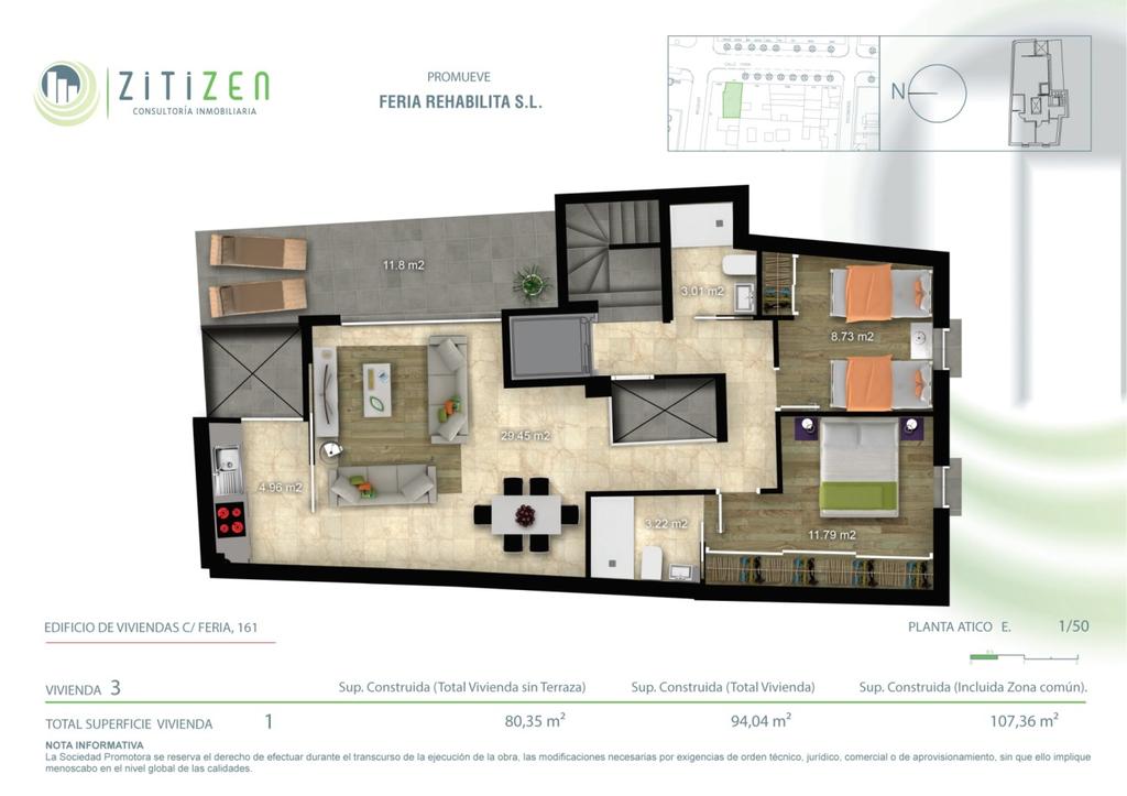 * VIVIENDA 3 Ático de dos dormitorios, dos baños, salón, cocina y terraza de 11, 8 metros cuadrados.
