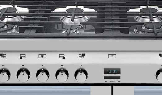 MONOLITH PROFESSIONAL Cast-iron pan supports One-hand electronic ignition Safety valve top burners Continous sides Turnspit (electric static oven) Touch control digital programmer 2 wire grids