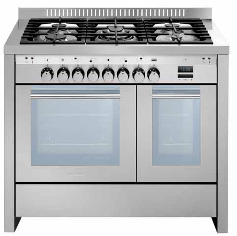 MONOLITH 100x60 double oven MONOLITH 100x60 doble horno Cast-iron pan supports One-hand electronic ignition Continous sides Turnspit (electric static oven) Touch control digital programmer 2 wire