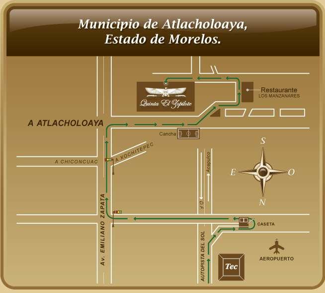 Es recomendable siempre llevar el Mapa de La Quinta El Zopilote que se les ha enviado con su registro y éstas indicaciones. Los teléfonos locales de la Quina son. 01-777-361-3223 y el 361-5008.