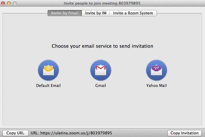 Invite: Nos permite invitar a más personas a nuestra reunión, al dar clic en Invite, nos permite elegir nuestro servicio de correo para enviar la invitación, el default email es el Outlook, y también