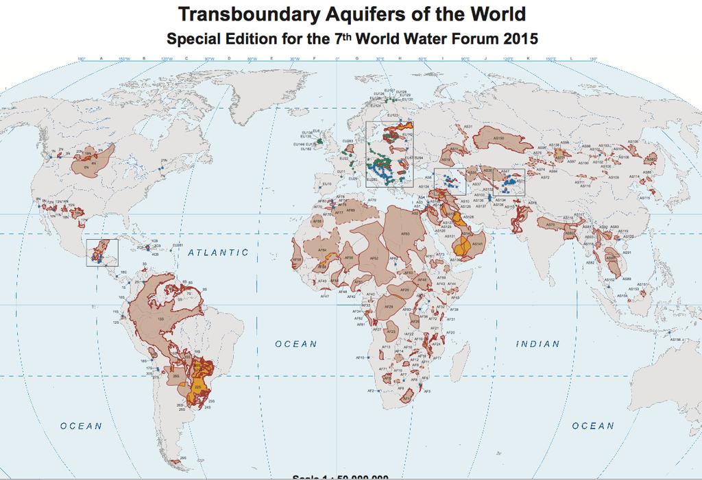 Los Acuíferos Transfronterizos en el mundo En el 2012 se habían contabilizado 276 cuencas transfronterizas y en el 2015, la IGRAC identificó 592