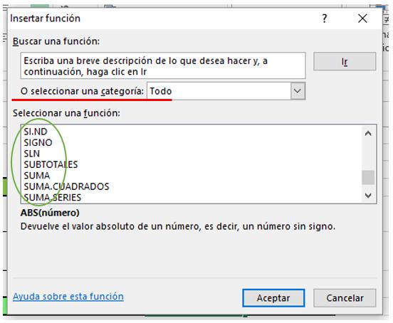 Con la barra de desplazamiento buscar una función, por ejemplo SUMA. 5. Hacer clic en Aceptar. 6.