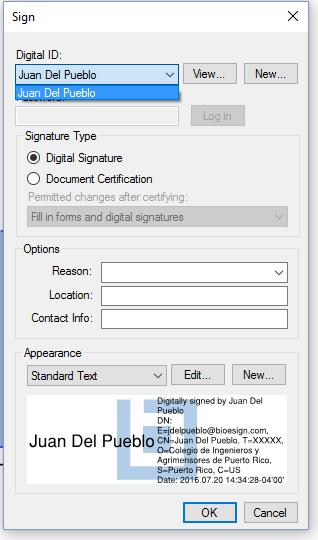 Paso 5 Asegúrese que su firma digital esta seleccionada en Digital ID (A). En la sección de Signature Type(B), manténgalo en Digital Signature.
