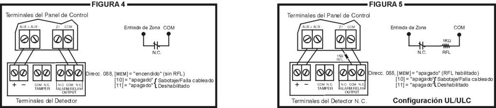 DIAGRAMAS DE CONEXIÓN El hardware del sistema reconocerá las siguientes condiciones de zona: CONEXIONES DE ZONA SIMPLE Contactos N.C., sin Resistencia RFL Contactos N.C. con Resistencia RFL (UL/ULC) Contactos N.