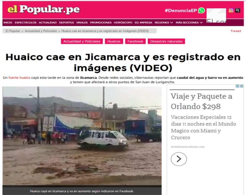 Precipitaciones Pluviales en la provincia y departamento de Lima - Enero 2017 Desde el 14/01/17, se registran precipitaciones pluviales en los distritos de Lurigancho Chosica y Chaclacayo,
