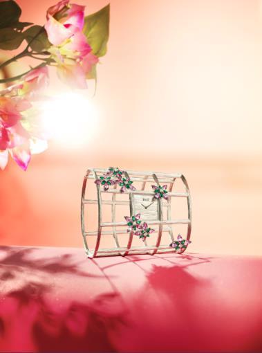 La celebración del anochecer Reloj Paper Flower Garden (Jardín flores de papel) Reloj pulsera grabado en oro blanco de 18 quilates engastado con 28 zafiros rosa talla marquesa (aprox.