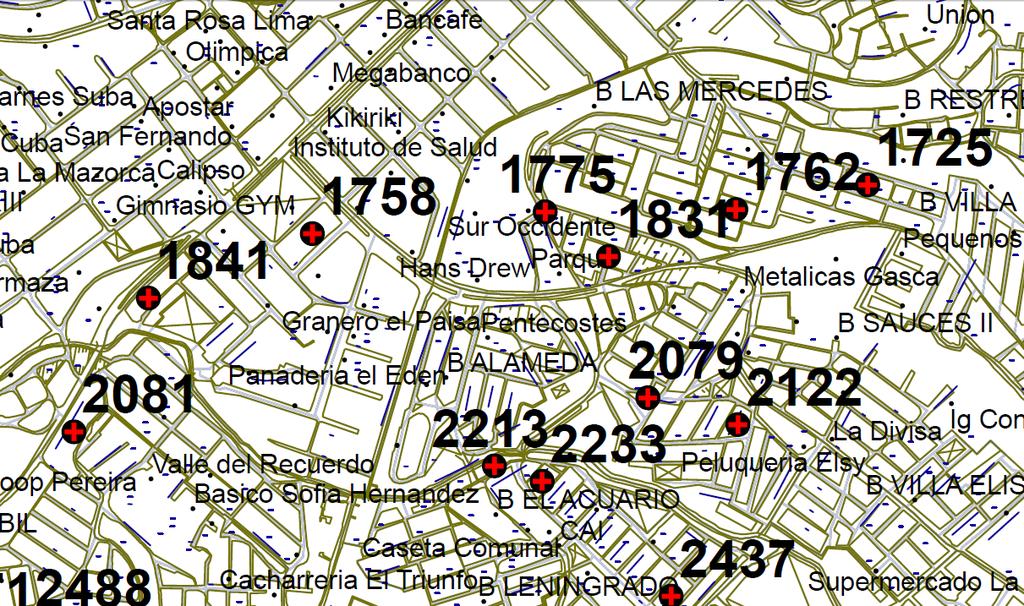 ACERCAMIENTO METODOLOGÍA DEL MUESTREO Nota: Vista parcial del mapa de Pereira por manzanas, los puntos rojos en cruz