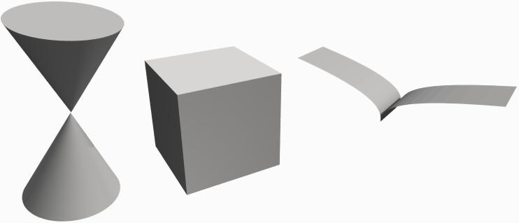 34 CAPÍTULO 2. SUPERFICIES EN EL ESPACIO Figura 2.2: Algunos conjuntos que no admitiremos como superficies. Figura 2.3: La figura de la izquierda no se admitirá como superficie regular, pero las otras dos sí.