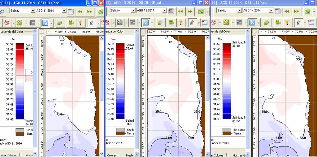 Figura 32. Imágenes satelitales de la distribución superficial de salinidad entre Arica (18 25 S) y Chipana (21 20 S) durante los días 11 y 14 de agosto de 2014.