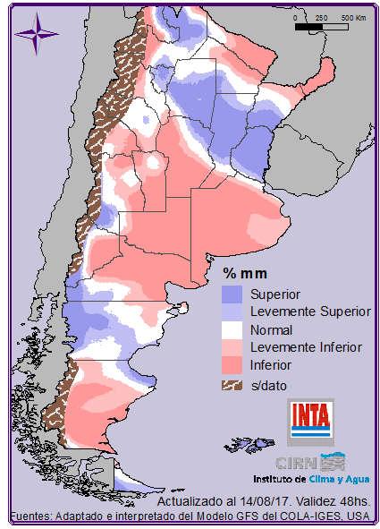 (este), Pampeana (este), Cuyo (sur) y Patagonia (centro y sur). Los mayores acumulados se esperan en Entre Ríos y Santa Fe (centro). Por el momento, sin lluvias en las restantes áreas del país (Fig.
