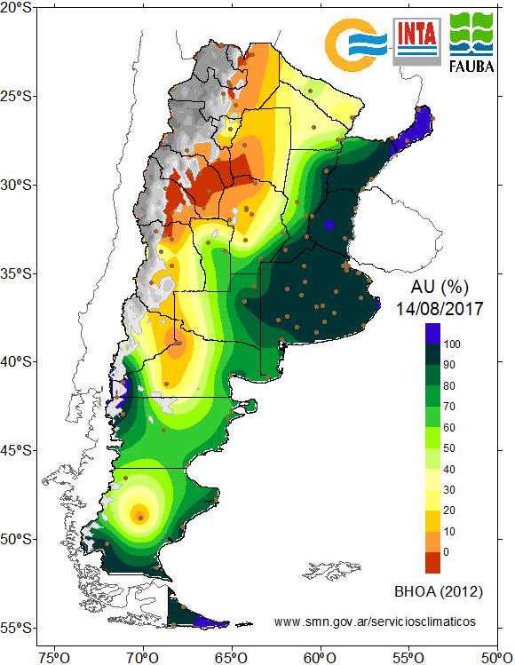 Balance de agua en el suelo al 14 de Agosto de 2017 Fig. 09: Agua útil (%) en el perfil del suelo al 14/08/17. Fig. 10: Agua útil (%) en la capa arable al 14/08/17.