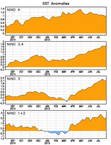 CONDICIONES DE EL NIÑO 2014-2015 Las condiciones de El Niño continúan presentes. La temperatura superficial del mar (TSM) esta con anomalías positivas en la mayor parte del Océano Pacífico.
