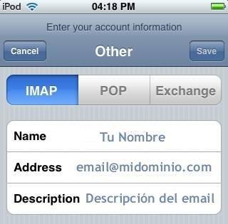 3.3. Configuración de cuenta de correo en IPHONE. Podemos escoger entre configurar el acceso a nuestro correo a través de POP o IMAP.