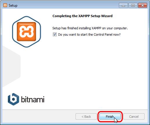 Una vez terminada la copia de archivos, se muestra la pantalla que confirma que XAMPP ha sido instalado. Hay que hacer clic en el botón "Finish".