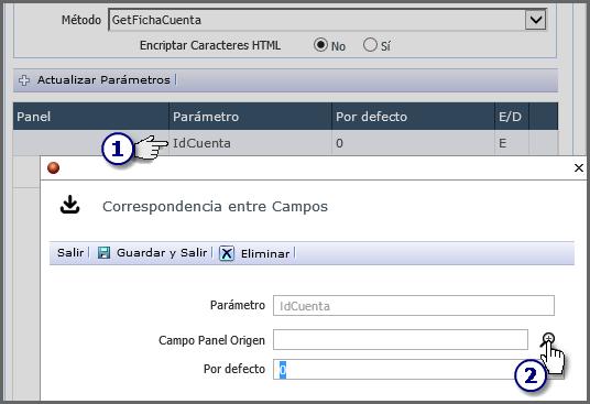 La ventana Correspondencia entre Campos permite elegir el campo de Panel que se va a asociar al parámetro.