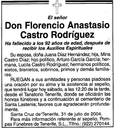 d) Don Elicio Castro Rodríguez Nació en El Escobonal, hijo de don Juan Ignacio Castro y Castro y doña María Cleofás Rodríguez Torres.