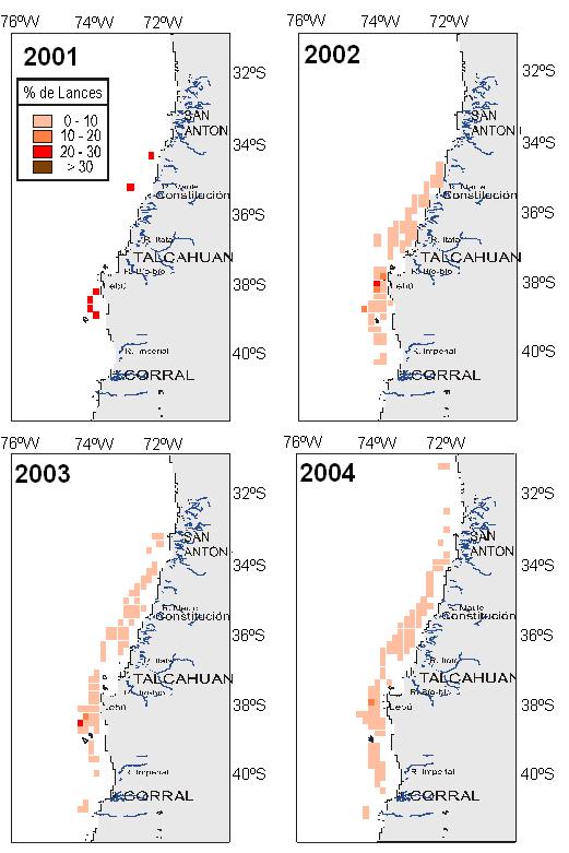 Figura 10. Presencia de jibia, como una proporción de los lances de pesca industriales en que apareció jibia en las capturas, entre 2001 y 2004, por zona de pesca (a la izquierda).