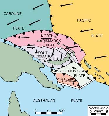 Las Islas Salomón ocupan el centro de una región caracterizada por una configuración compleja de microplacas tectónica trituradas entre las Placas del Pacífico y Australia.
