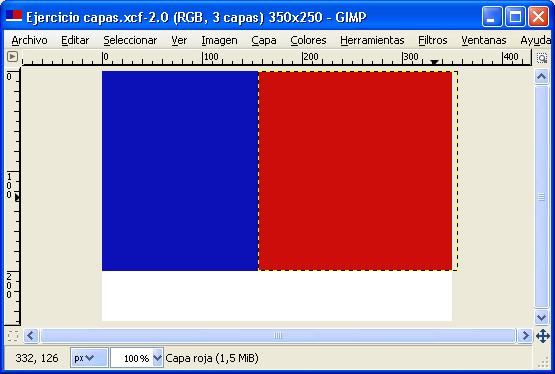 7º) Antes de continuar creando otras capas, guardamos nuestro trabajo como "GIMP2_Capas1_tu nombre" en formato xcf que nos va a permitir seguir trabajando con capas si cerramos y volvemos a abrir la