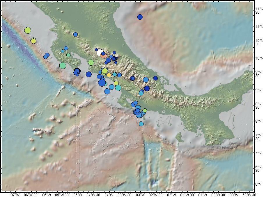 Figura 1. Mapa de sismos sentidos, registrados y localizados durante el 2010 por el OVSICORI-UNA.