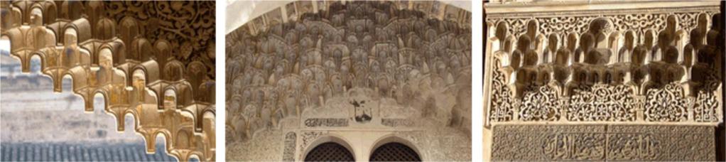 estalactitas. Su origen se encuentra en la bóveda de Al-Rachid en Bagdad. Se usan para decorar bóvedas, capiteles alfarjes, etc. En la imagen superior fotografías realizadas por Juan Pinedo Fdez.
