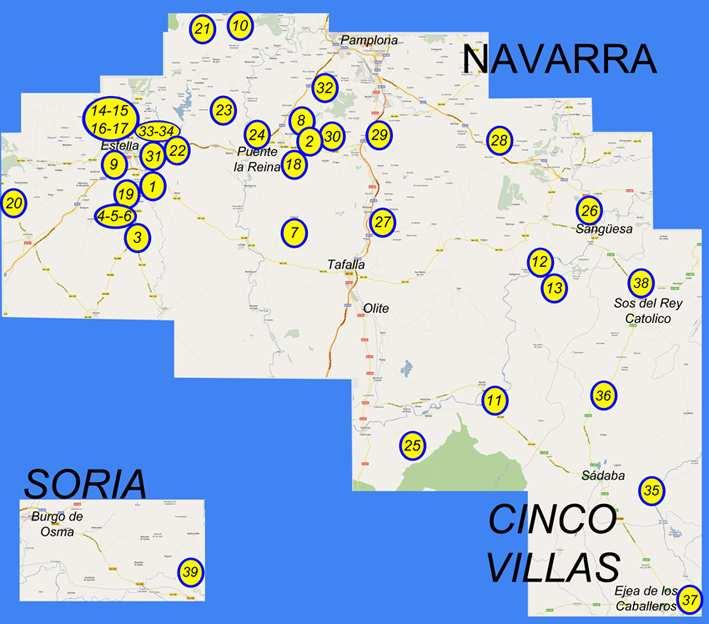 2. Distribución geográfica Navarra: 1- Aberin, San Juan Bautista 2- Adiós, San Andrés 3- Allo, Humilladero 4- Arellano, San Román 5- Arellano, ermita Ntra. Sra.