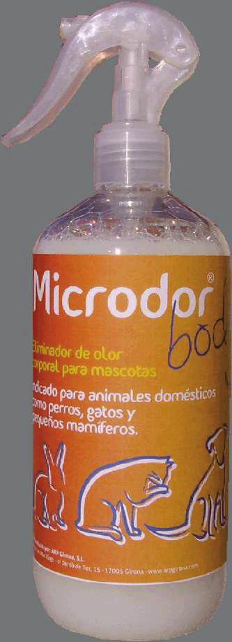 MICRODOR Body ELIMINADOR DE OLOR CORPORAL PARA MASCOTAS Microdor Body está especialmente formulado para su aplicación en animales de compañía por lo que respecta la flora bacteriana del animal y el