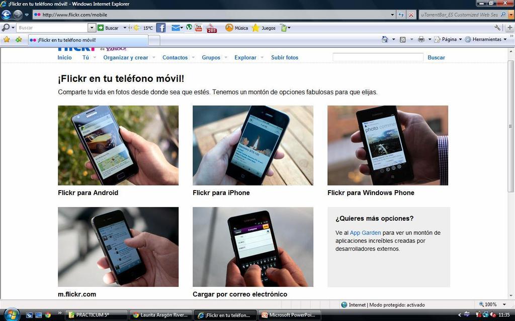 Pestaña Explorar (II) Si pulsamos con el ratón en el apartado de Flickr para el móvil podremos configurar nuestro móvil para poder utilizar