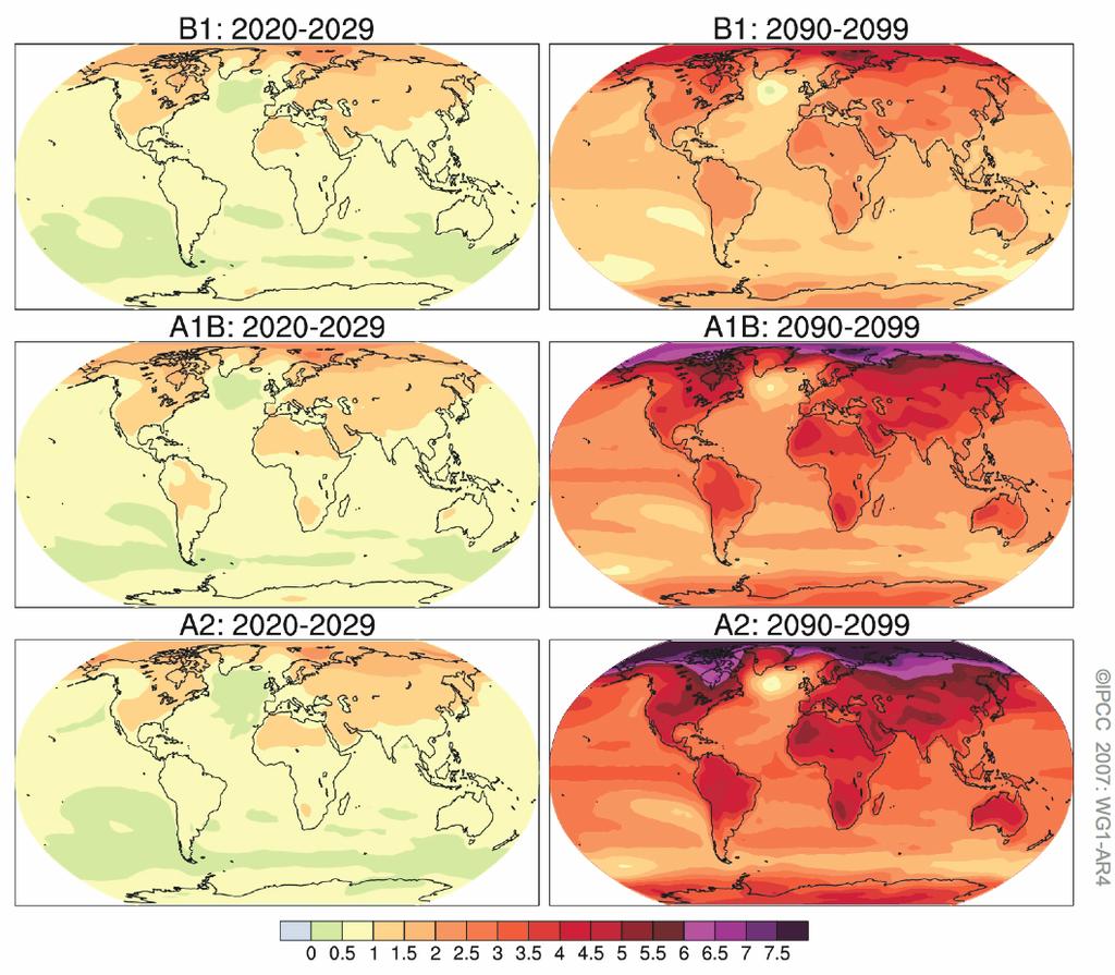 Proyecciones de cambios futuros en el clima Mayor sobre tierra y en latitudes altas Proyecciones para las próximas décadas son insensibles a la