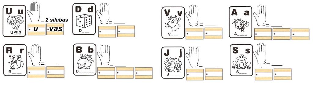 ACTIVIDAD 7: Conociendo la división SÍ-LA-BI-CA Observa la imagen escribe la letra que suena en cada espacio armando la palabra, luego lee con palmas y colorea un dedo de la