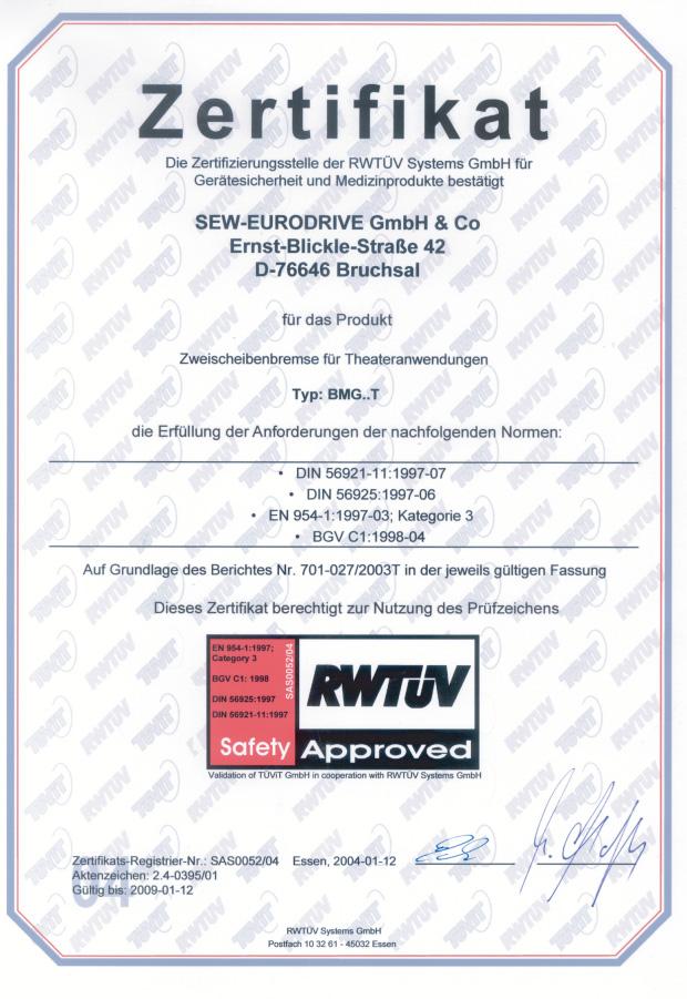 3 Certificado Notas de seguridad y advertencia 3 Certificado Para el freno de doble disco BMG..T.