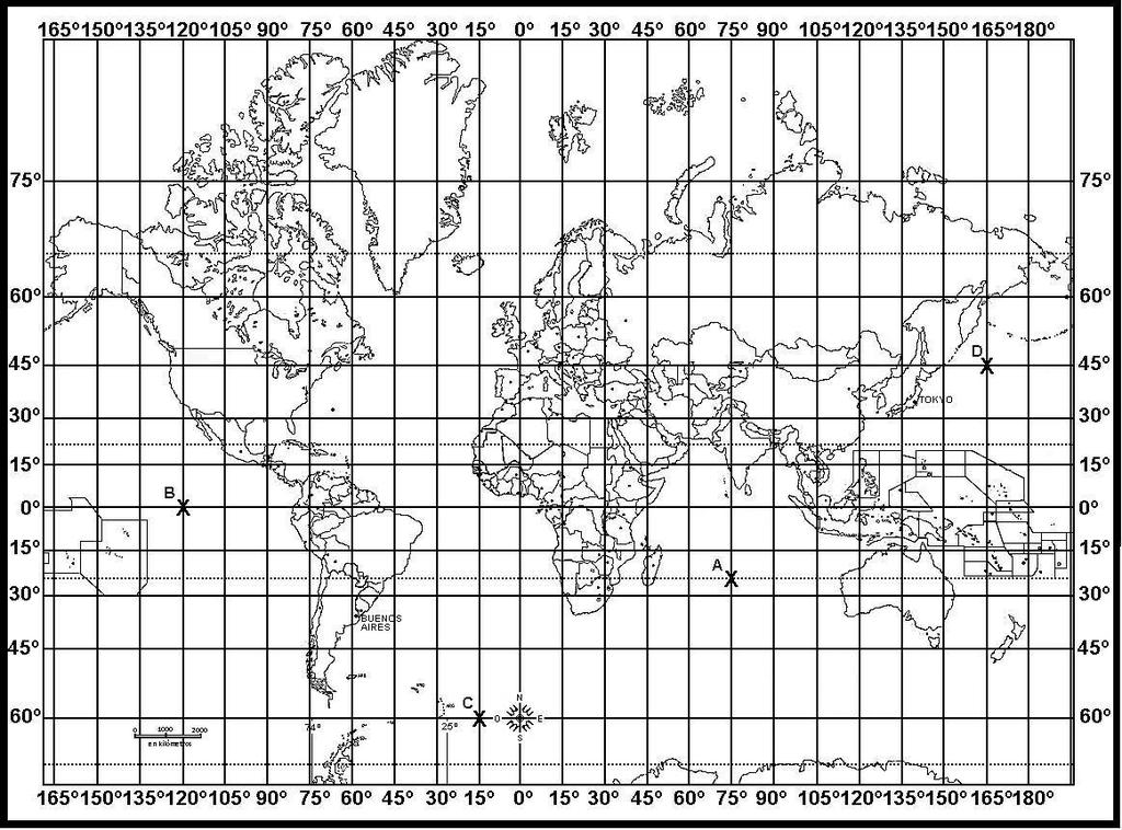6.- Trabajá con el siguiente planisferio. a.- Indicá las coordenadas geográficas de las X según la letra correspondiente. A= lat long B= lat long C= lat long D= lat long b.