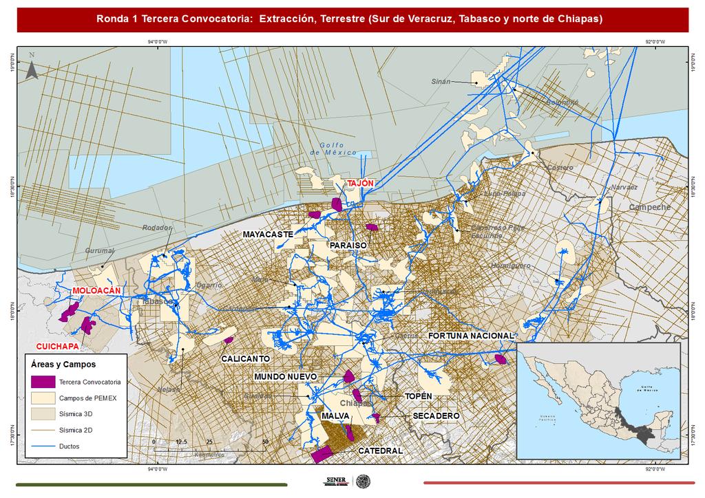 RONDA 1 ZONA SUR SÍSMICA E INFRAESTRUCTURA 12 áreas contractuales 9 campos de aceite y 3 de gas y condensado Volumen