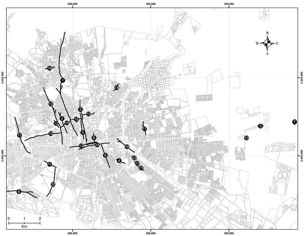 Mapa de agrietamientos ZMSLP-SGS SLP:Aeropuerto(1), Carlo Magno(2), Colegio Alemán(3), Condominios Gaviota(4), Damian Carmona(5), El Pedregal(6), Granjas San Pedro(7), Federico Silva Museum(8),