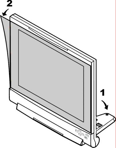 Instalación 1. Despliegue el soporte del monitor y separe la hoja de plástico antipolvo. Separe el soporte del monitor de manera que pueda asentar el monitor sobre la mesa.