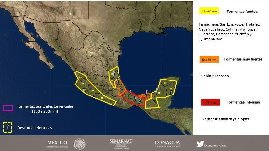 Morelos. Lluvias dispersas (0.1 a 5.0 mm): Baja California Sur, Sonora y Nuevo León.