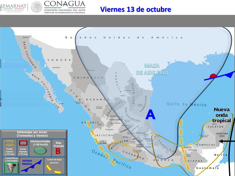 Intervalos de chubascos con tormentas puntuales fuertes (25 a 50 mm): Veracruz, Oaxaca, Chiapas, Tabasco, Campeche Yucatán y Quintana Roo. Lluvias con intervalos de chubascos (5.